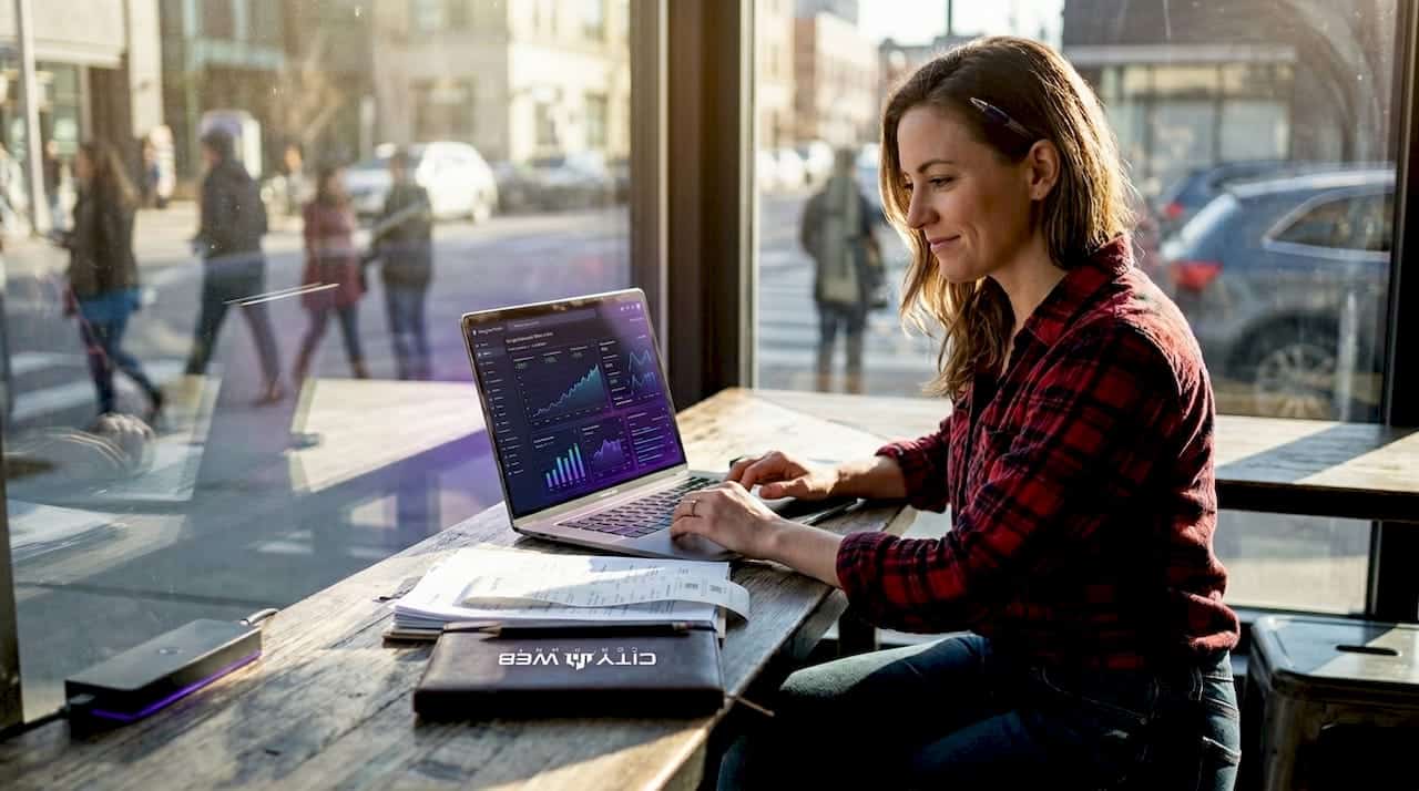 Business owner reviewing Google profile at café