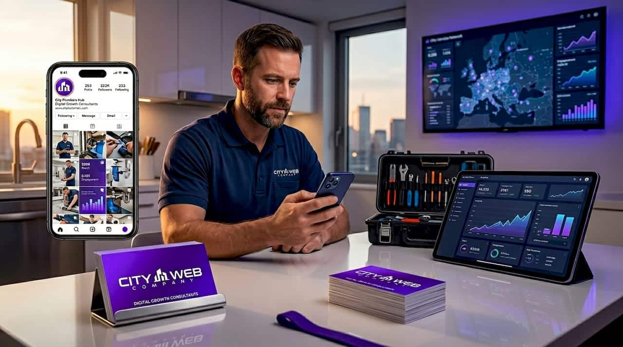 Plumber reviewing social media on kitchen table