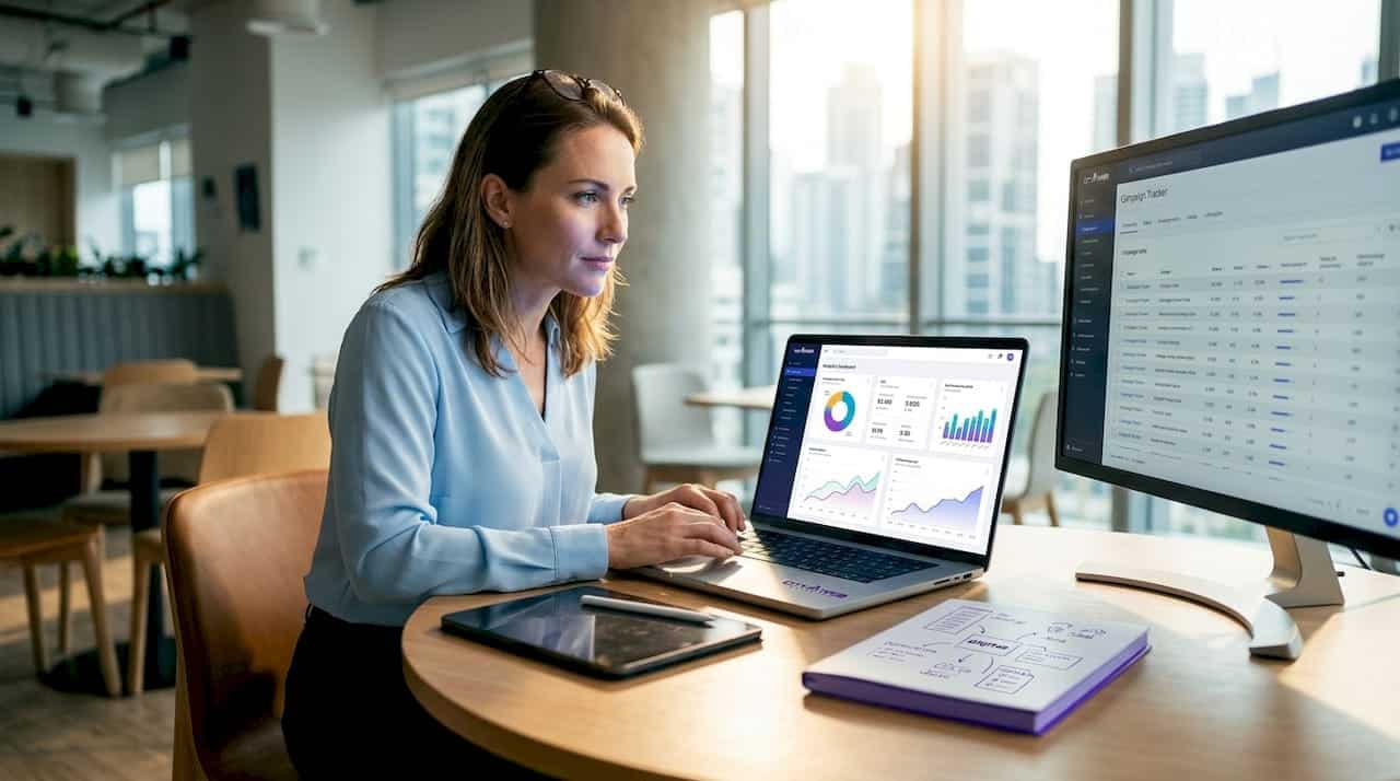 Bakery owner reviewing marketing checklist at table