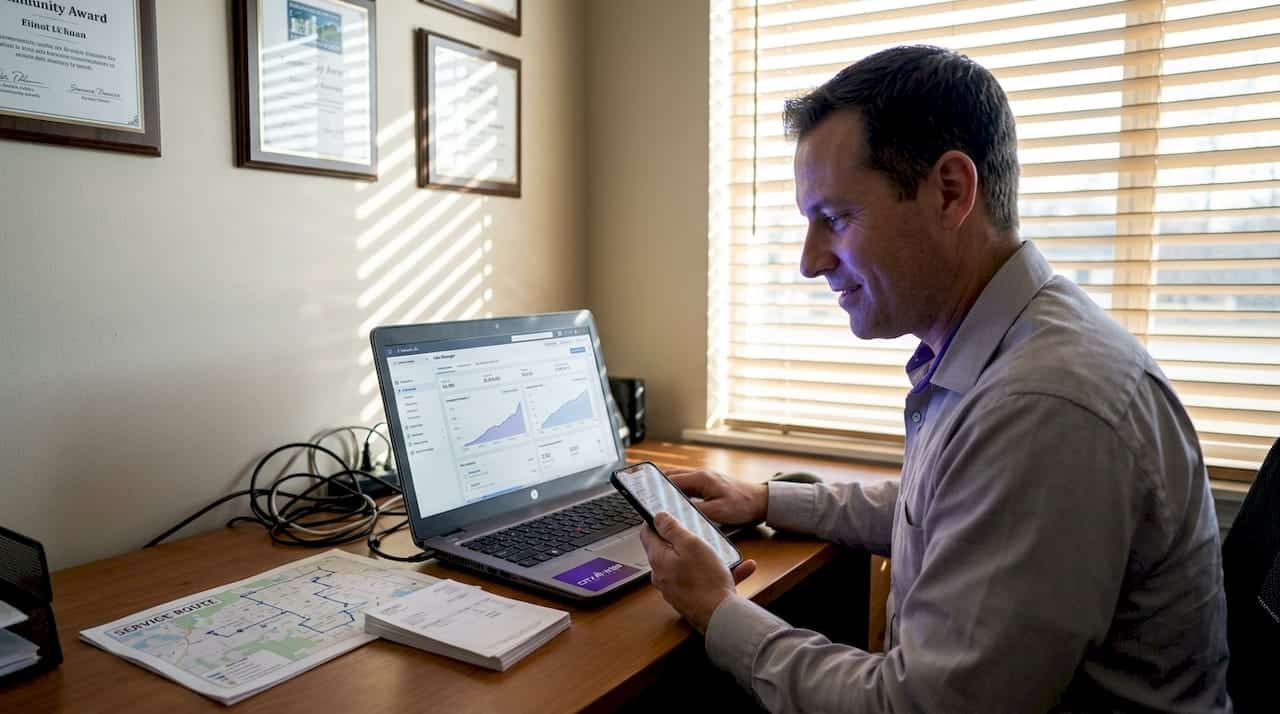 Service business owner checking social media ads