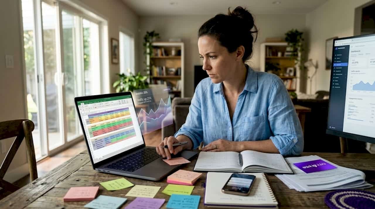 Woman organizing content marketing calendar at home desk