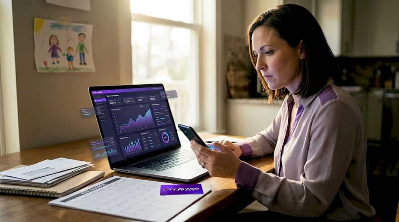Service business owner works at kitchen table