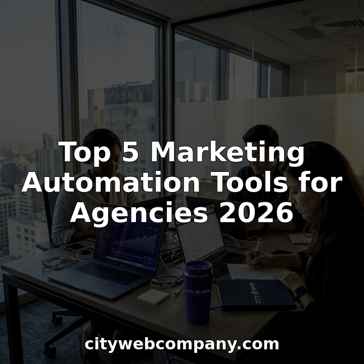 Agency team using marketing automation tools in corner office