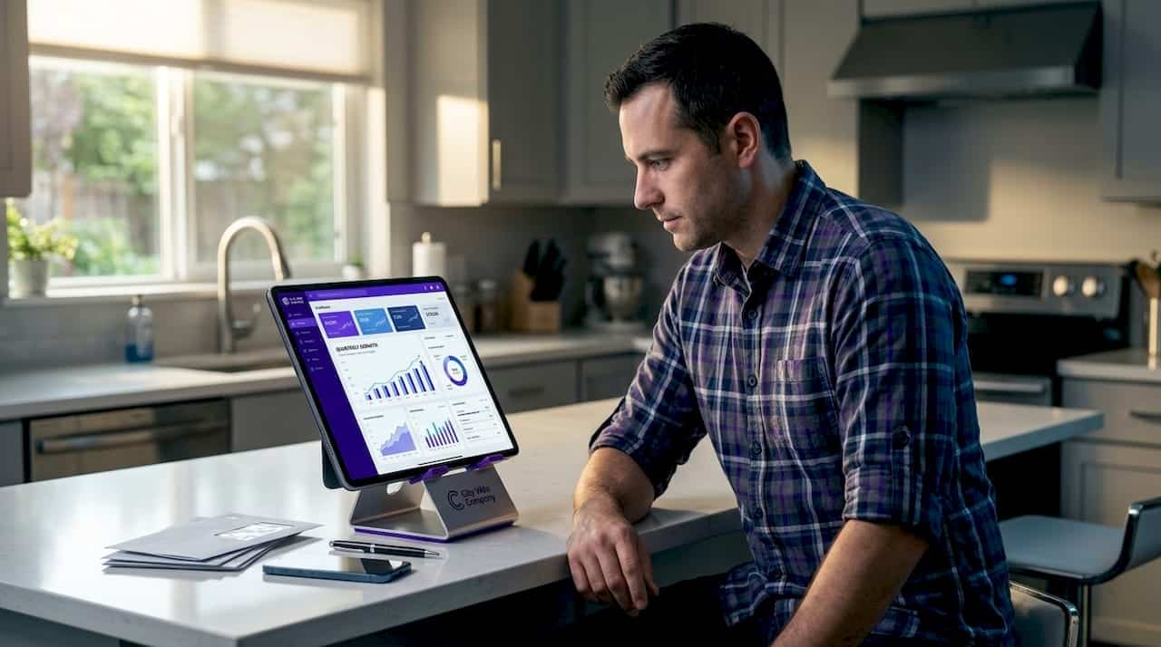 Local business owner reviews website on tablet