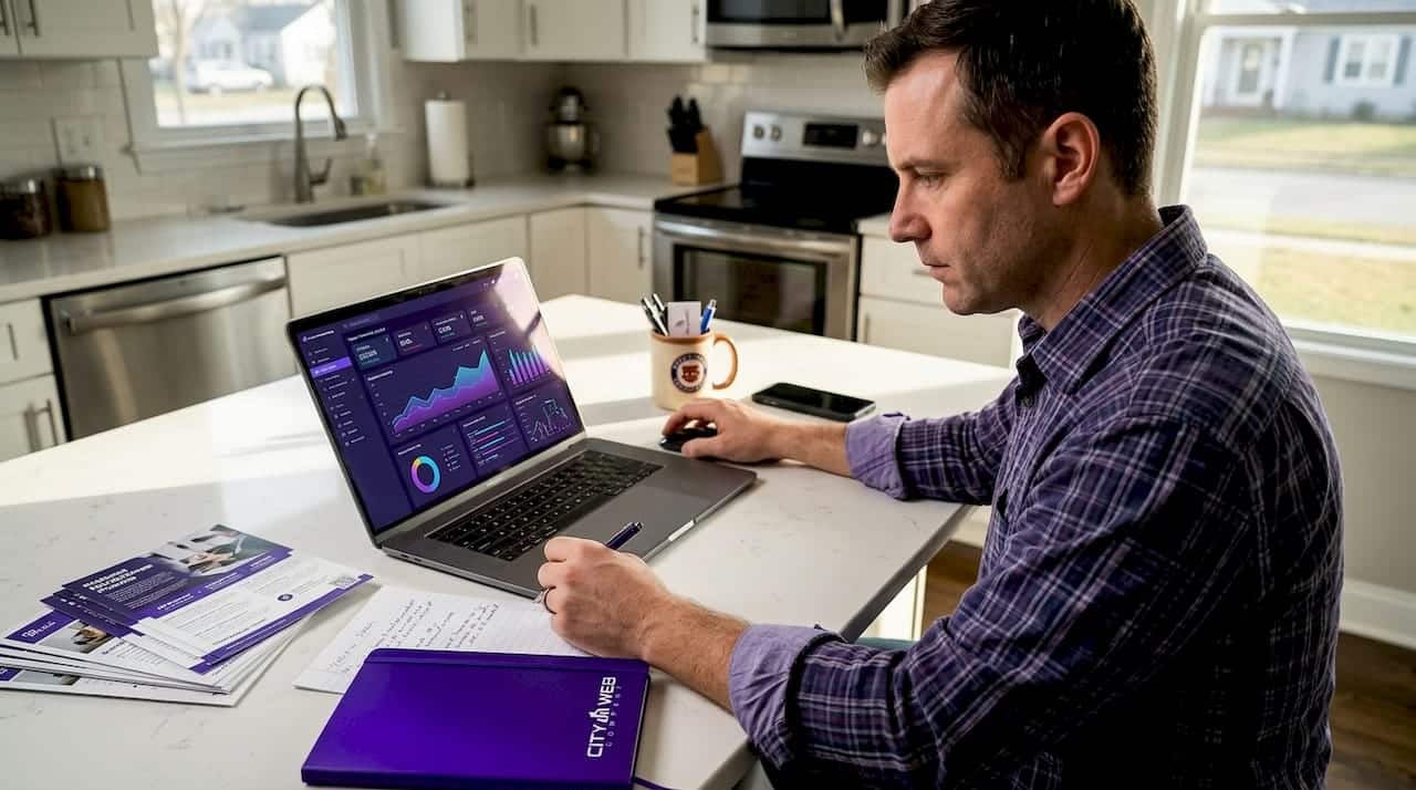 Local business owner working on social ads