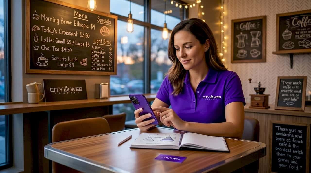 Local business owner checking social media in café