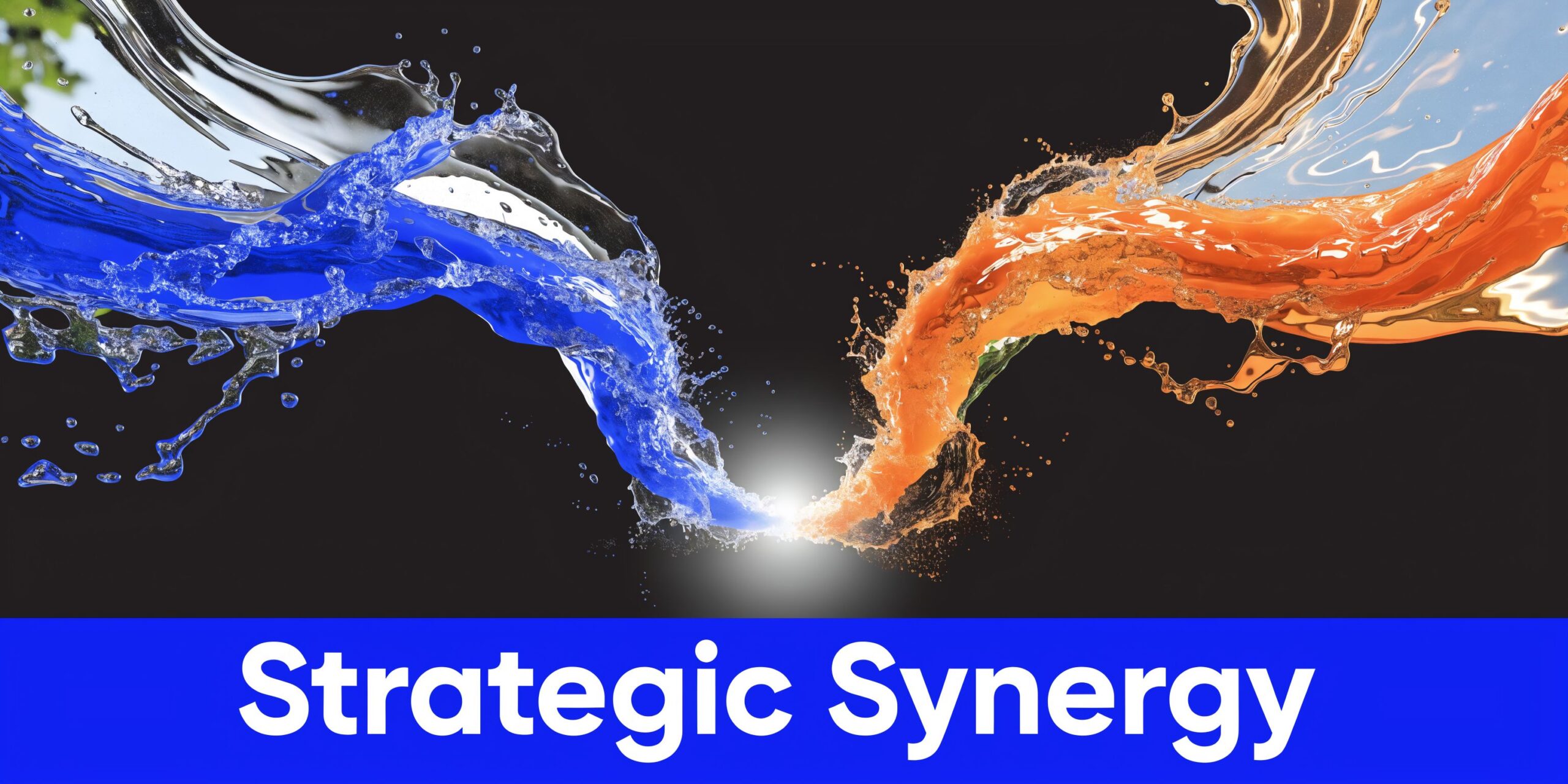 A conceptual image showing blue and orange liquid splashes colliding against a dark background with text below.