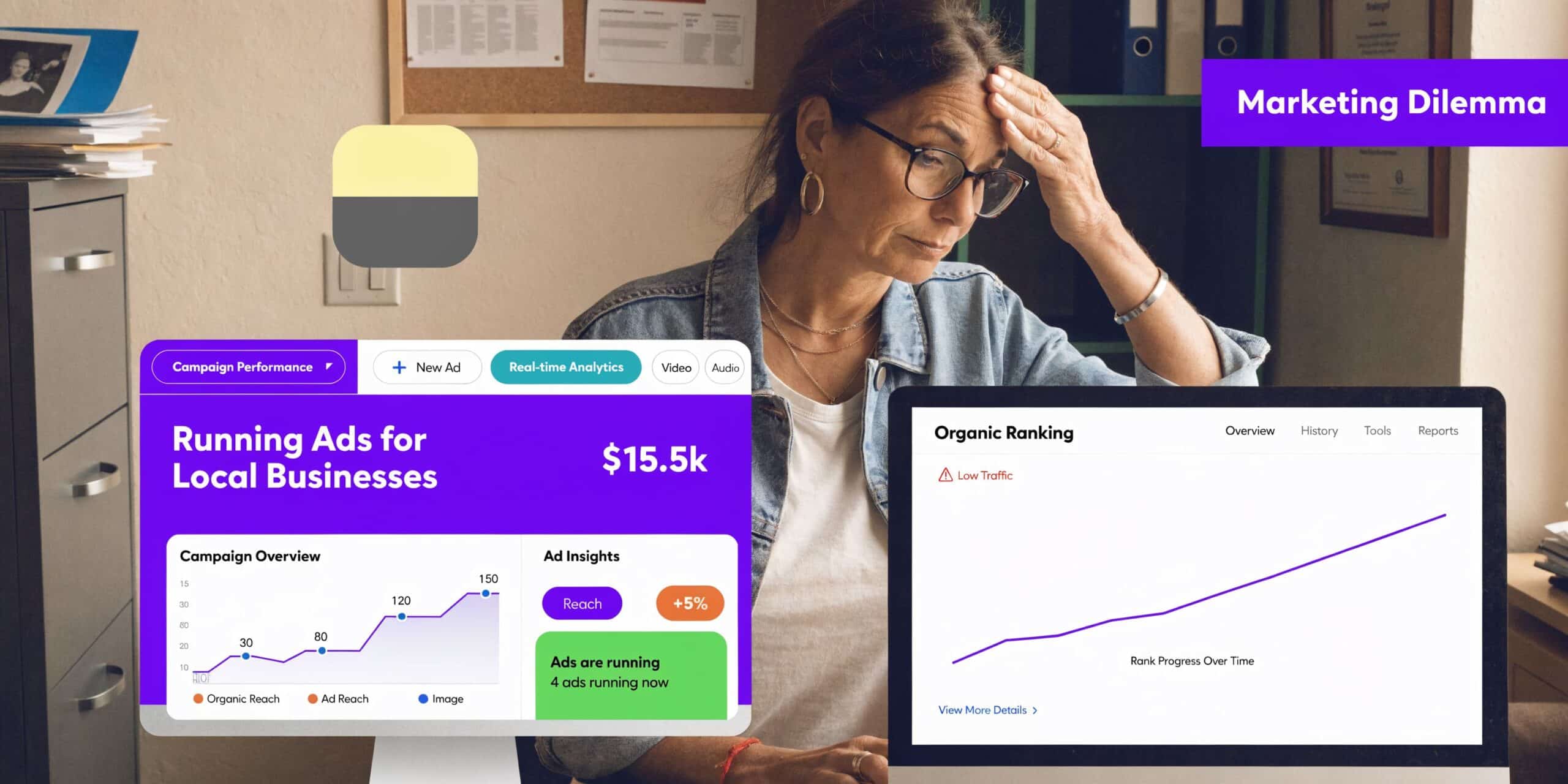 A businesswoman looking stressed while analyzing digital marketing performance data for ads and organic SEO rankings.