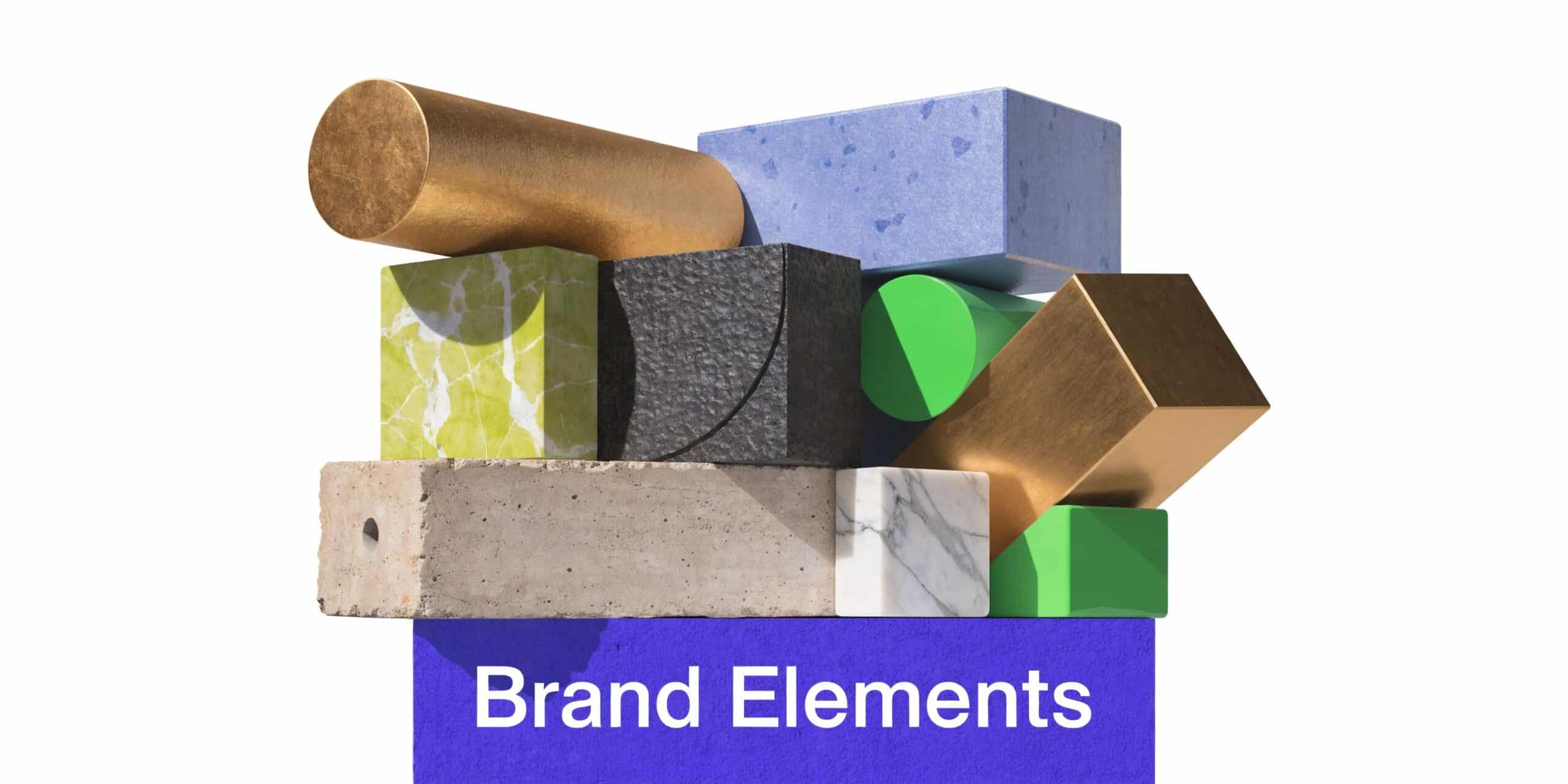 A collection of 3D geometric shapes with various textures and colors stacked against a white background.