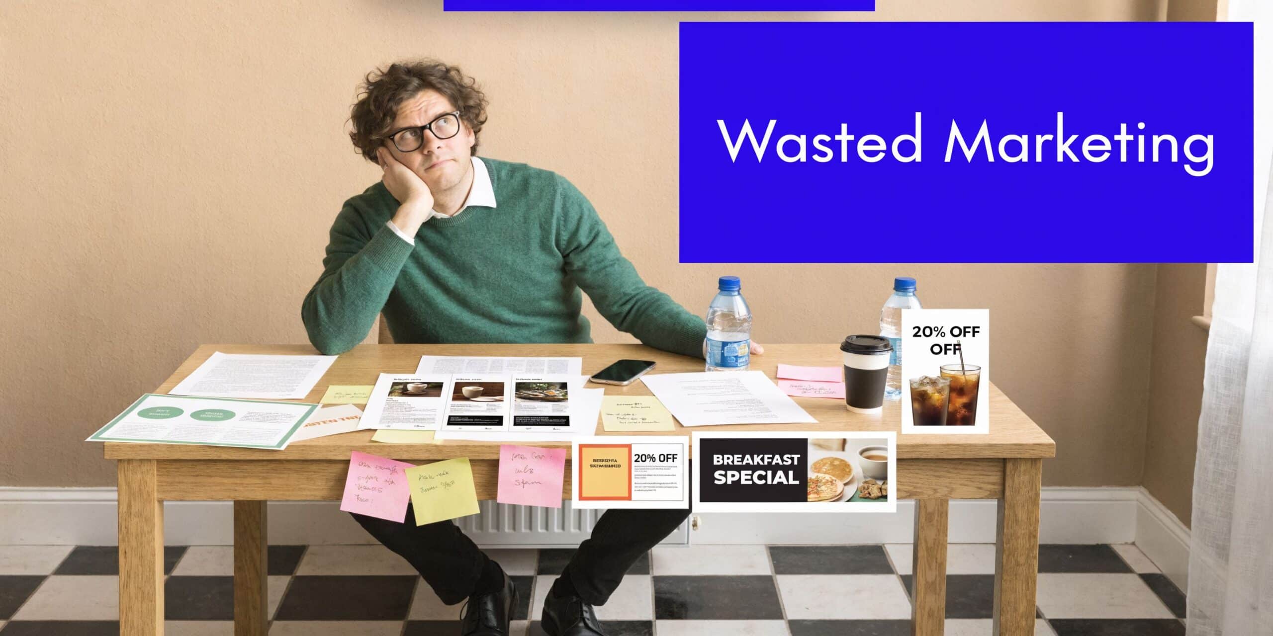 A pensive man sits at a cluttered wooden desk with marketing materials, representing wasted advertising efforts.
