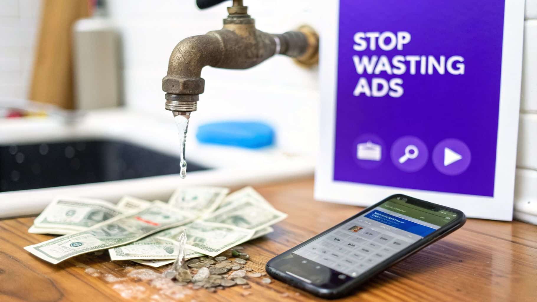 Water drips from a leaky faucet onto US dollars and coins, symbolizing wasted money in digital ads.