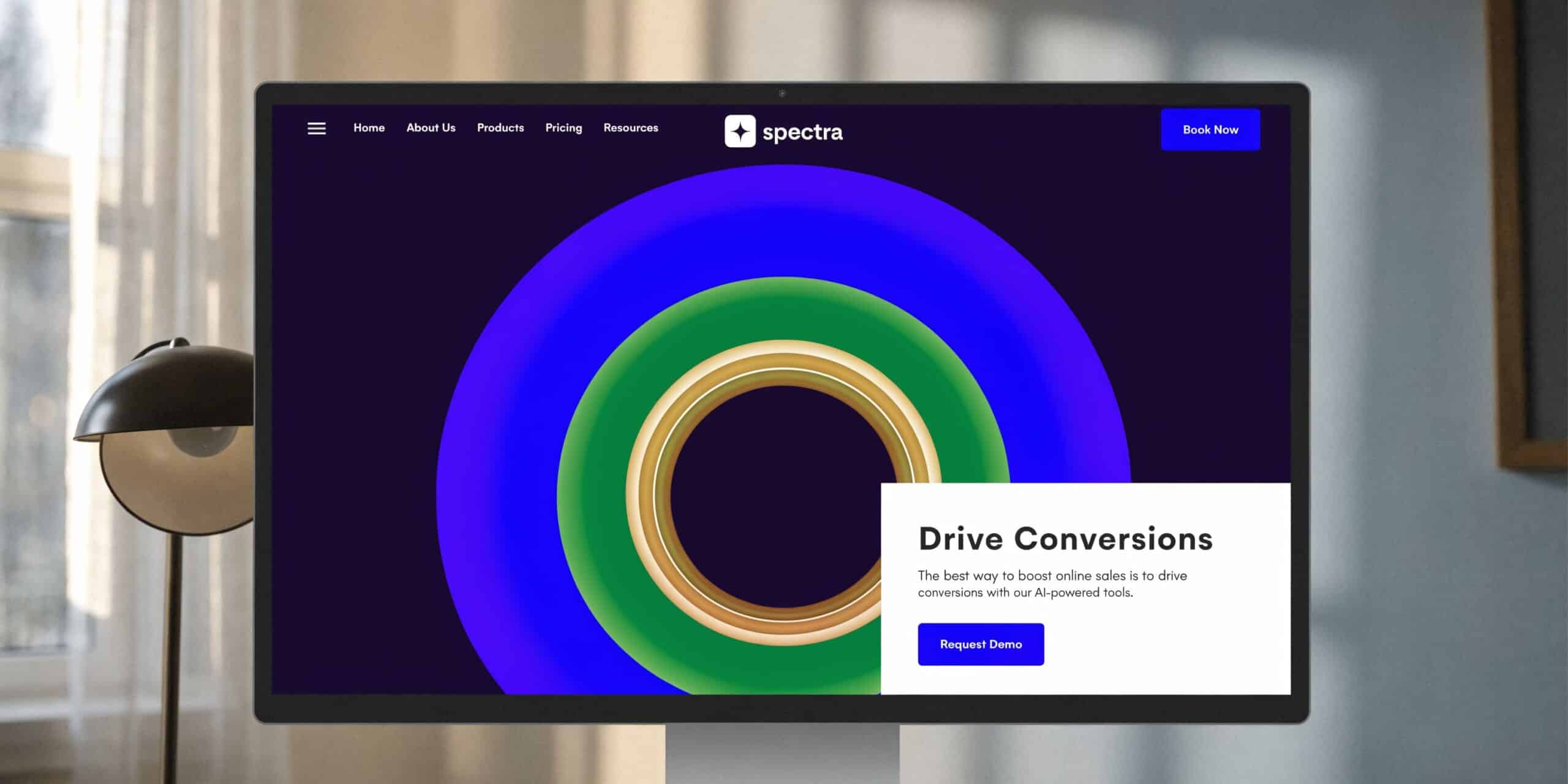 A modern computer screen displaying a sleek AI-powered lead generation website landing page for Spectra company.
