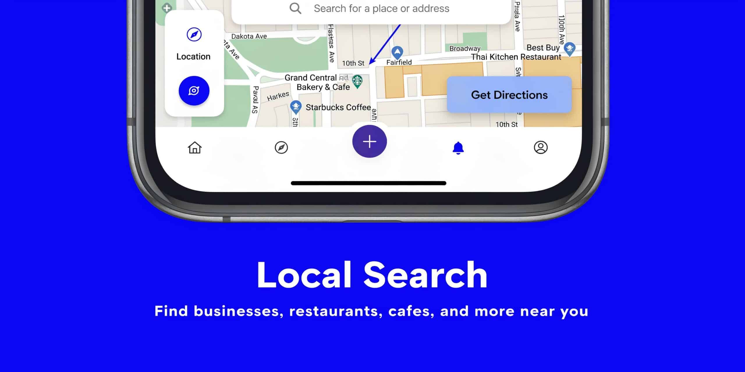 A smartphone screen displaying a local map search interface with navigation buttons and a get directions prompt.