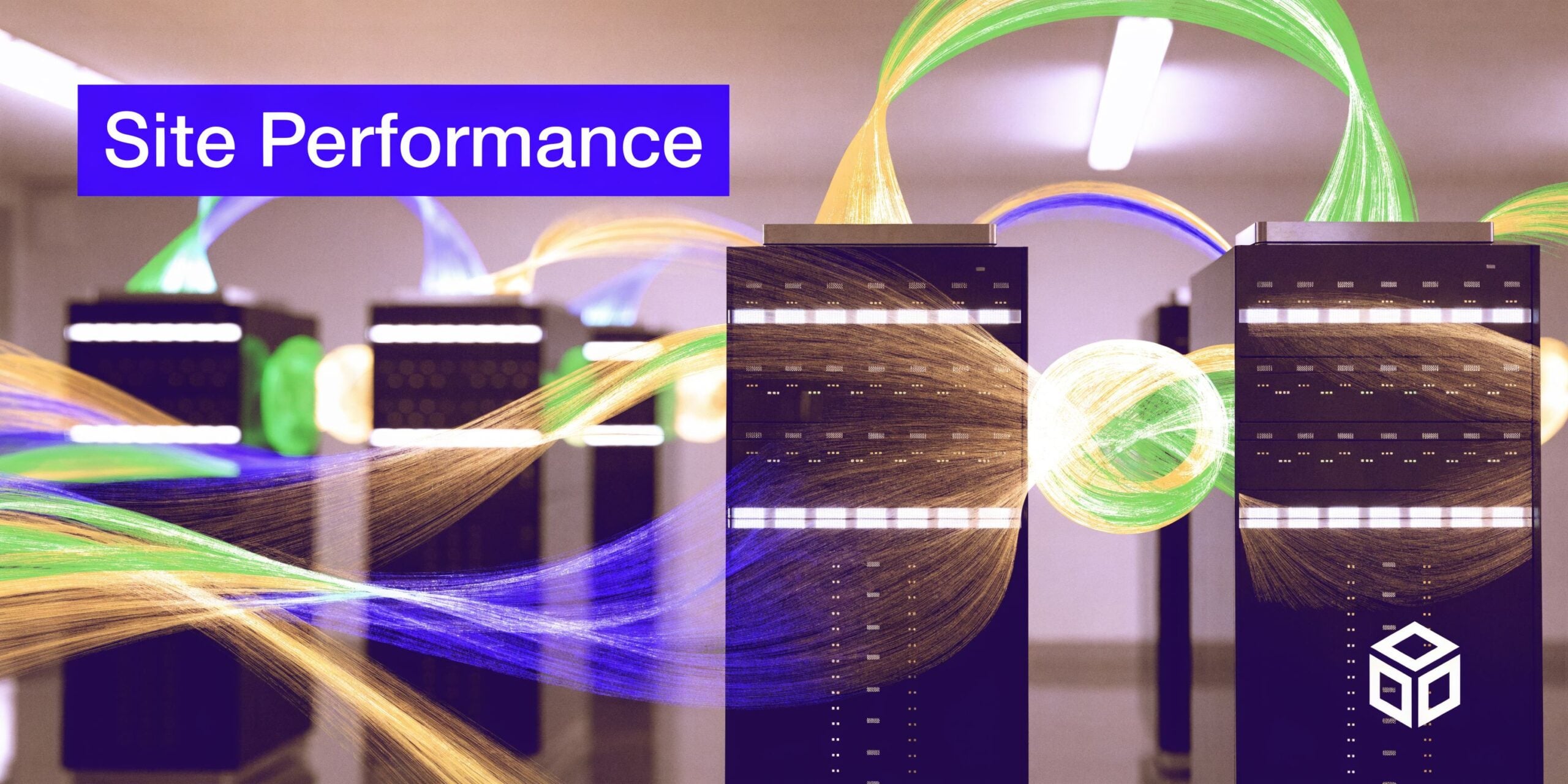 A data center with servers connected by flowing lines of light representing fast site performance.