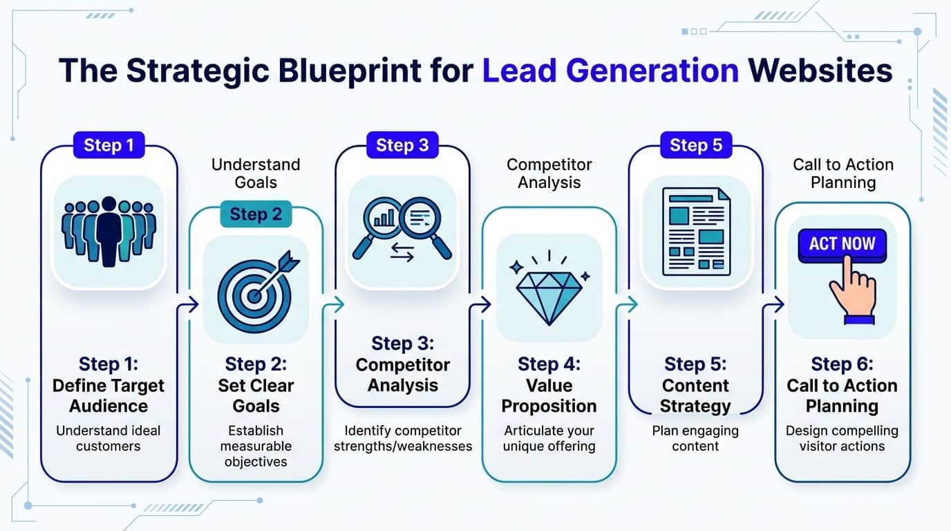 A strategic blueprint diagram detailing six essential steps for creating an effective lead generation website for businesses.