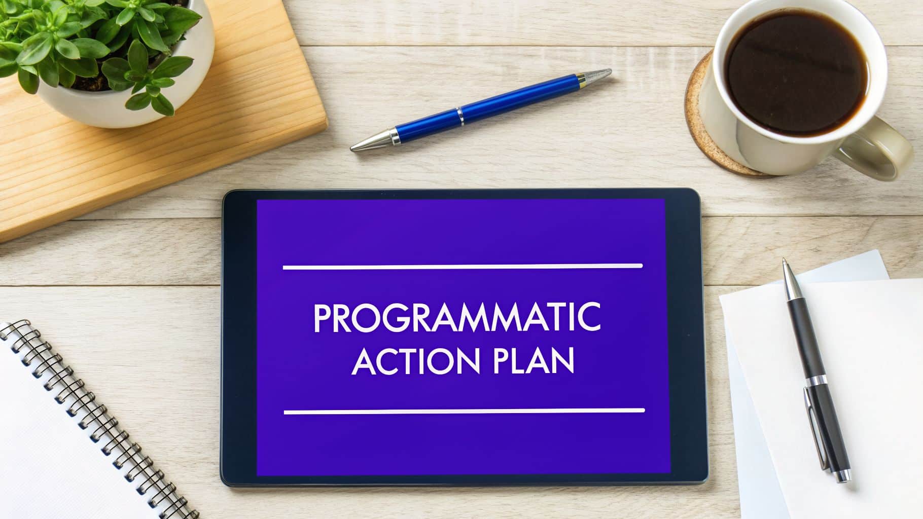 A flat lay image of a wooden desk with a tablet displaying 'Programmatic Action Plan' and office supplies.