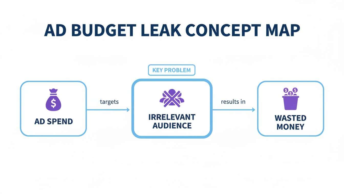 A concept map showing how ad spend targets an irrelevant audience, resulting in wasted money.