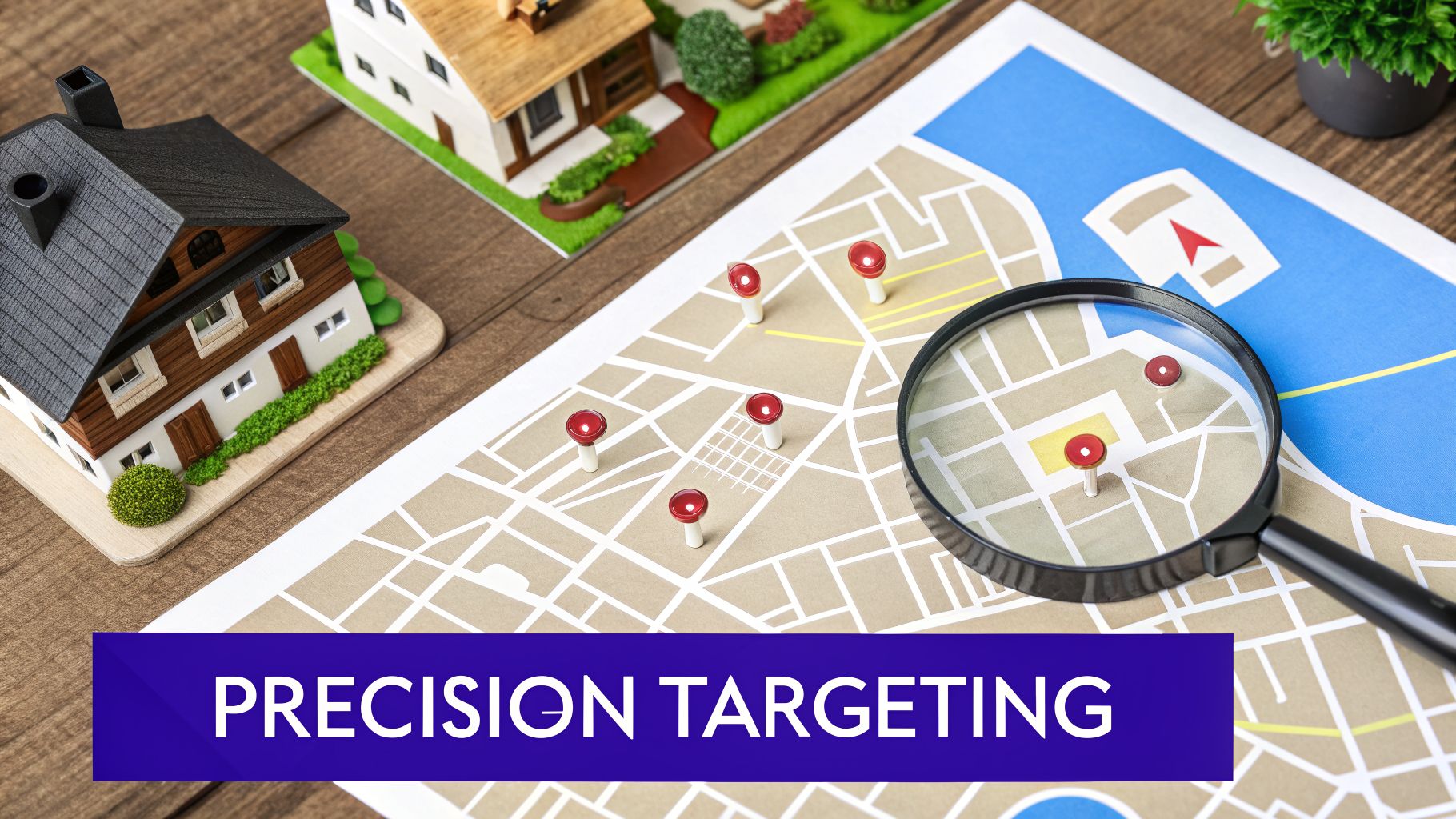 A map with red location pins, a magnifying glass, and miniature houses, displaying 'PRECISION TARGETING'.