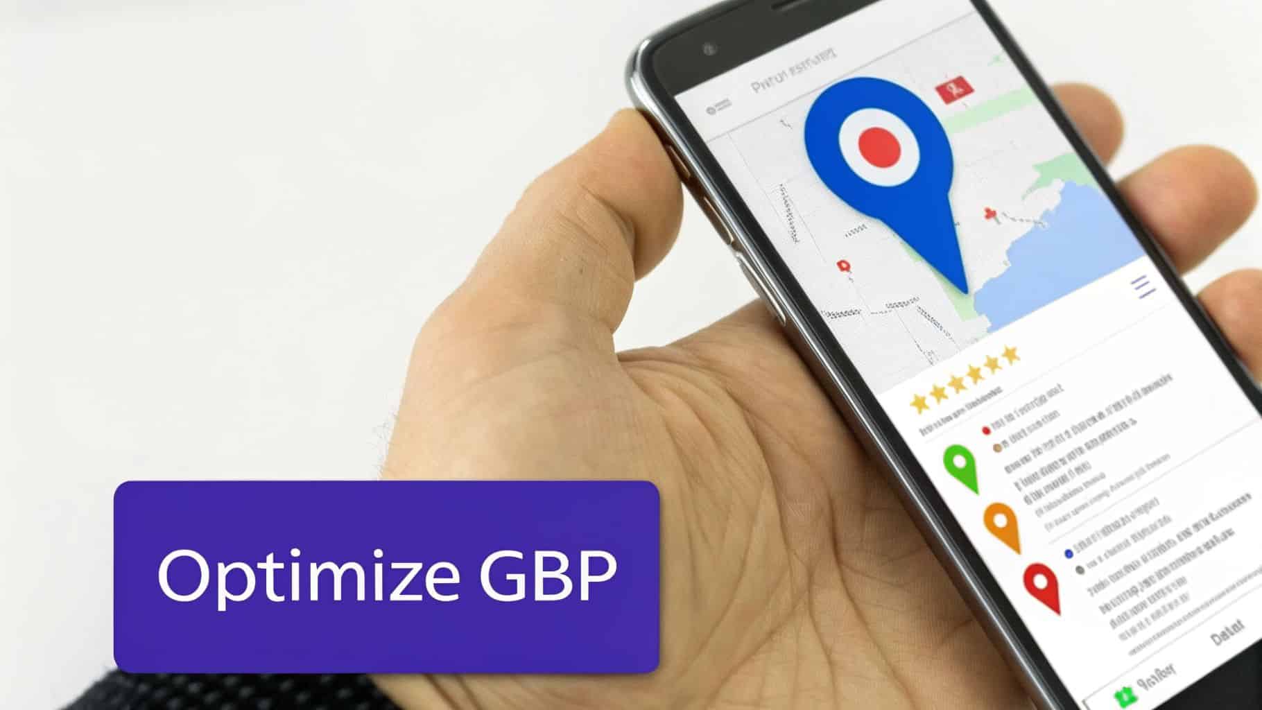 Hand holding smartphone showing map with a location pin, review stars, and text 'Optimize GBP'.