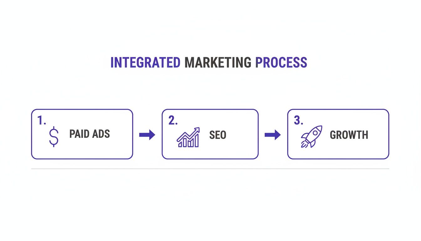 An integrated marketing process diagram showing progression from paid ads to SEO and then to growth.