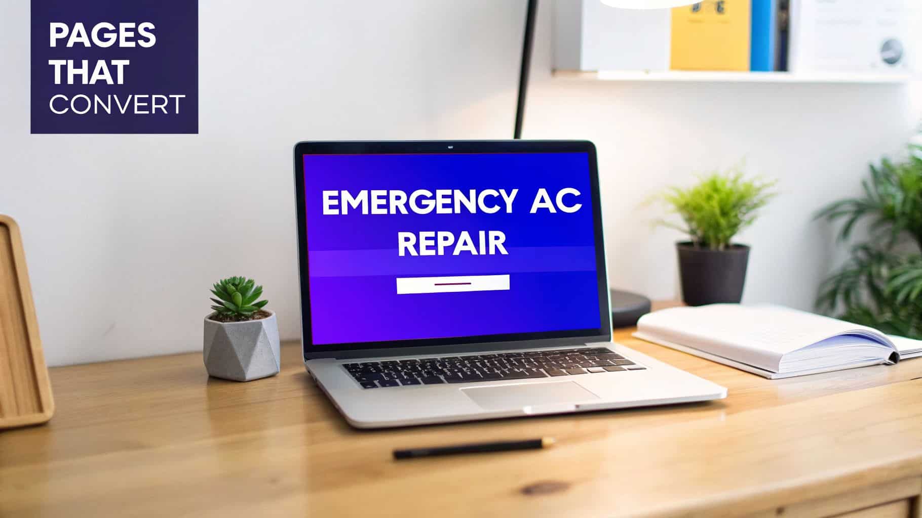 Laptop screen showing 'EMERGENCY AC REPAIR' on a desk with plants, promoting web pages that convert.