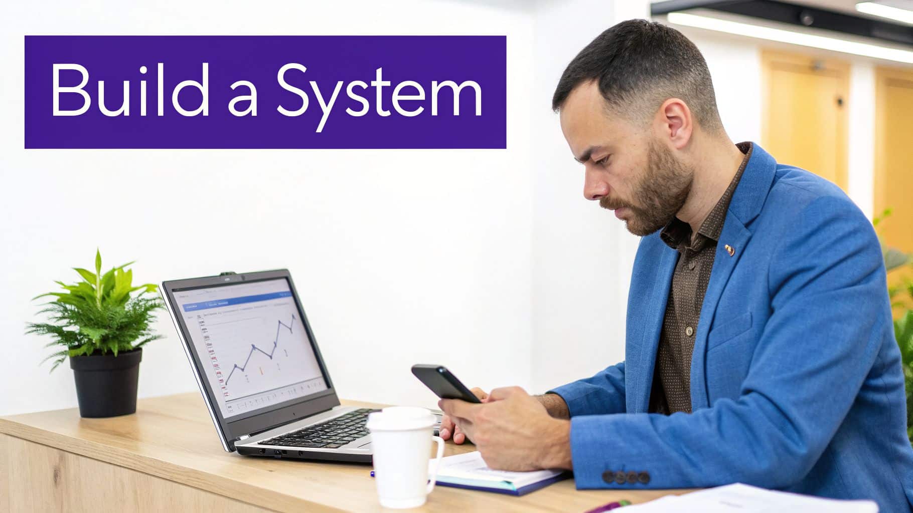 A man works on his phone at a desk with a laptop, plant, and 'Build a System' message.