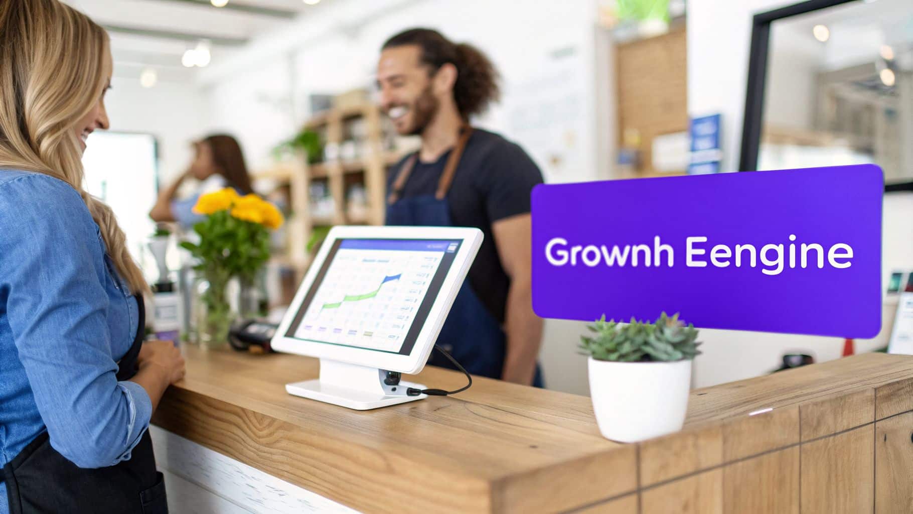 A smiling woman at a modern shop counter with a POS tablet showing business growth analytics.
