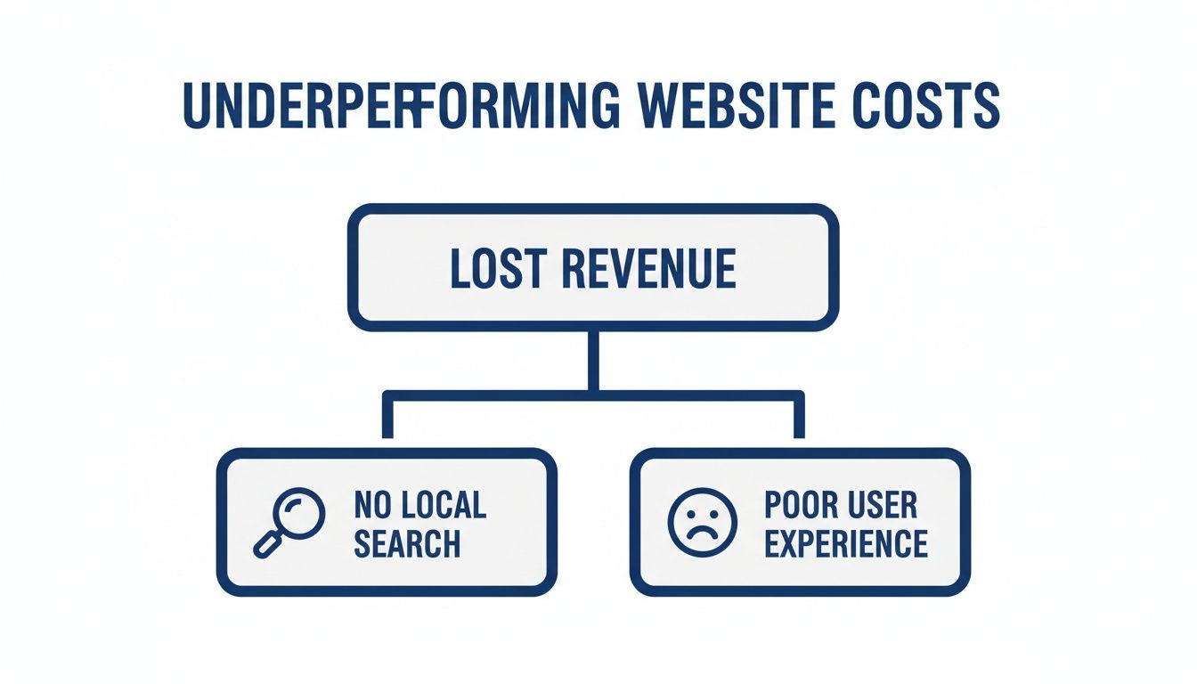 Flowchart illustrating underperforming website costs: lost revenue due to no local search and poor user experience.
