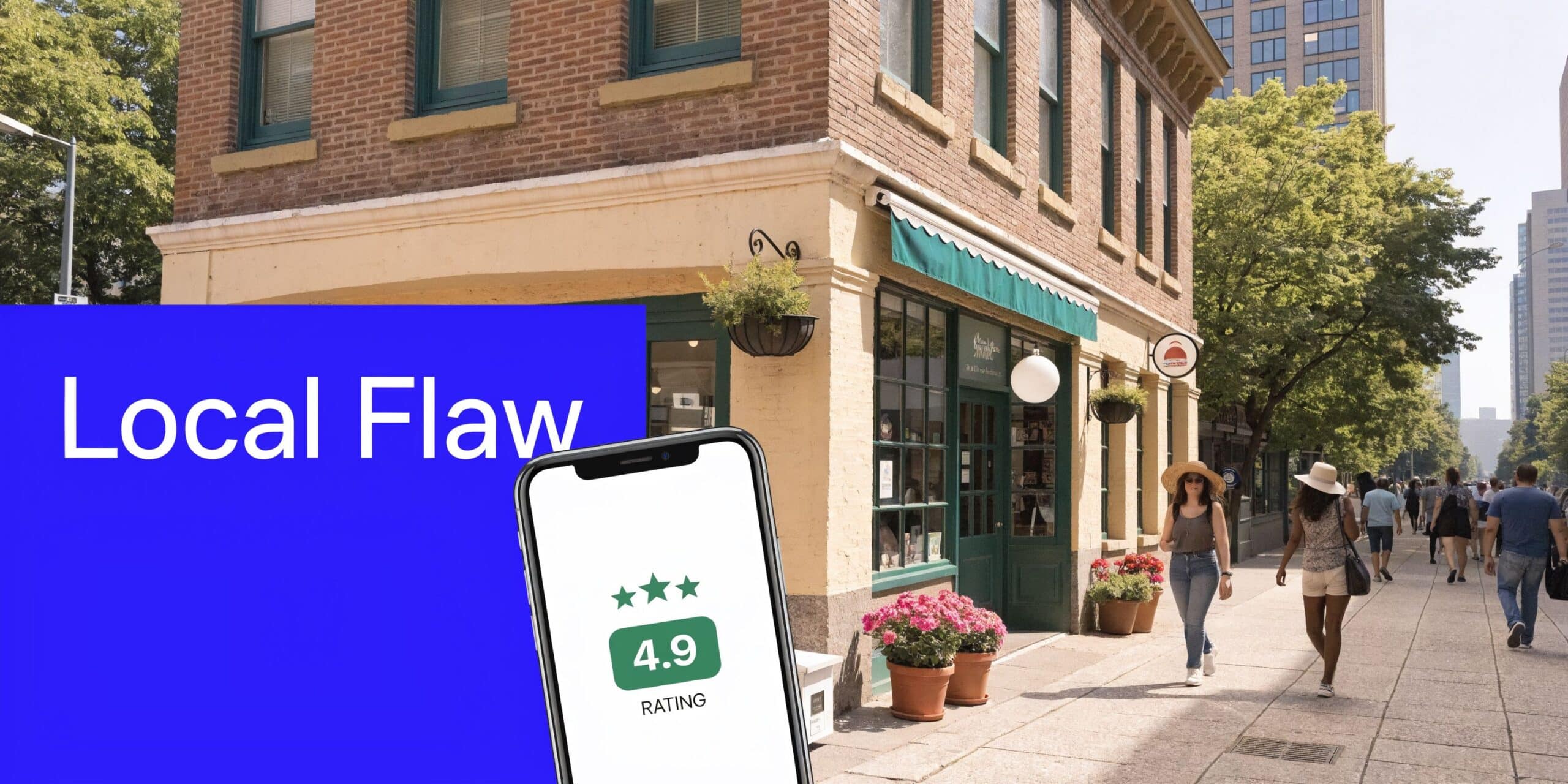 A smartphone showing a 4.9 rating icon held in front of a brick building on a city street.
