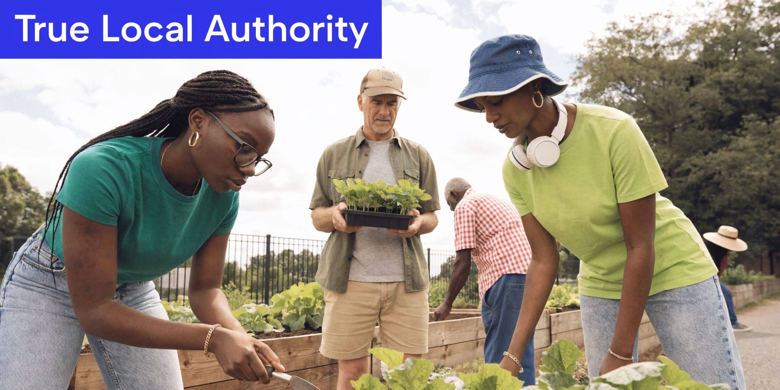 A diverse group of volunteers working together in a community garden to plant and maintain vegetable crops.