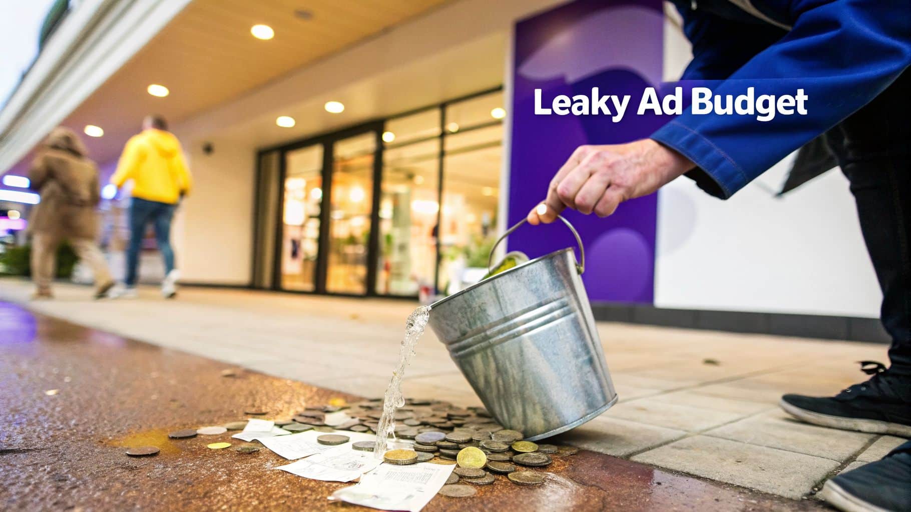 A person spills water and coins from a leaky bucket onto the wet ground, symbolizing a leaky budget.