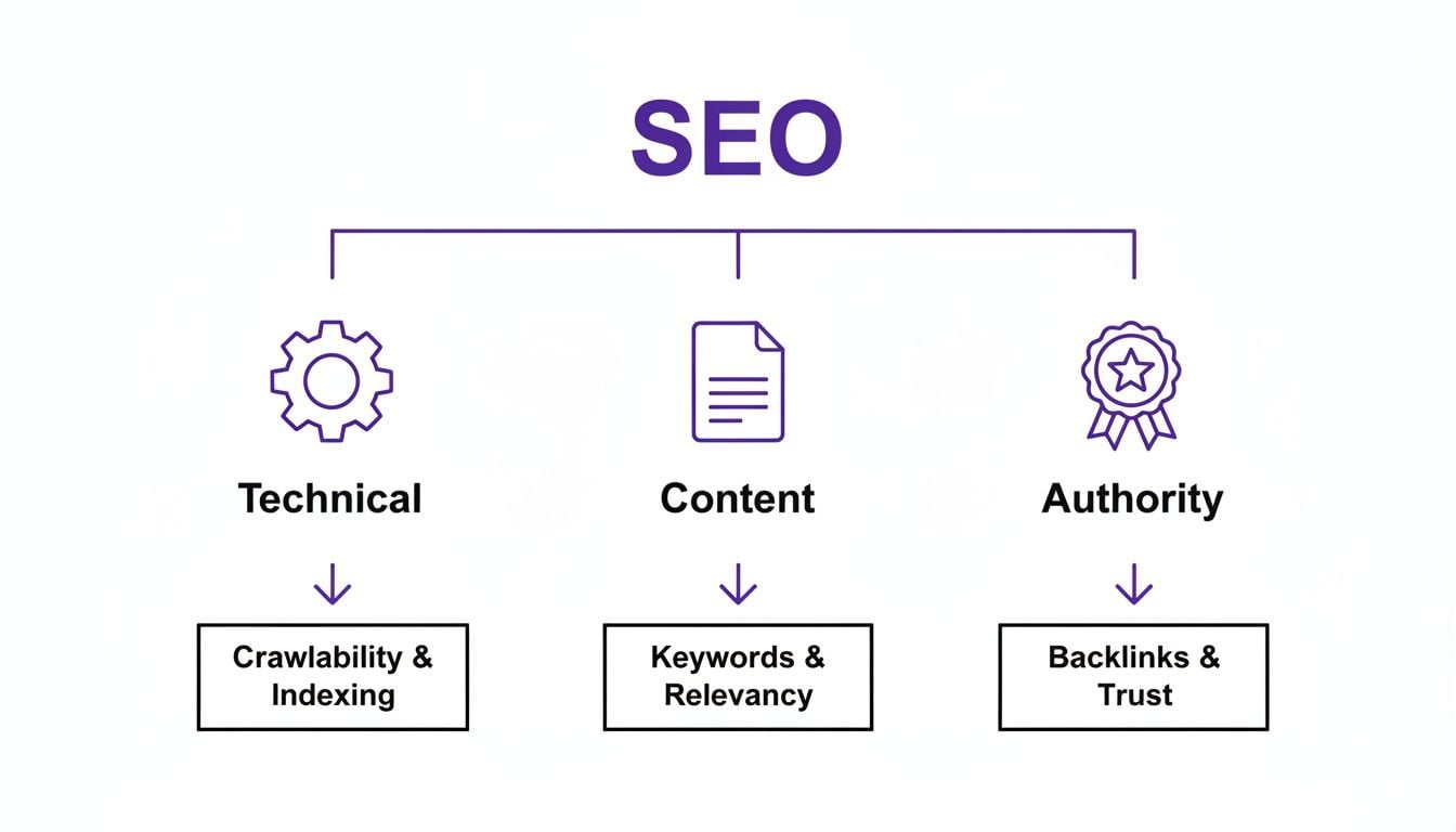 A diagram illustrating SEO's three pillars: Technical, Content, and Authority, with their key components.