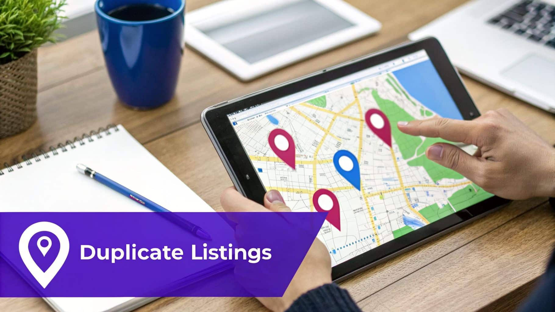Hands interacting with a tablet displaying a map marked with duplicate business listings pins.