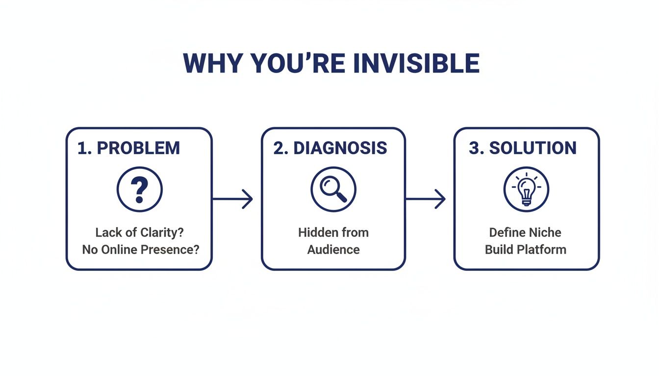 A flowchart titled 'Why You're Invisible' outlining problems, diagnosis, and solutions for online visibility.