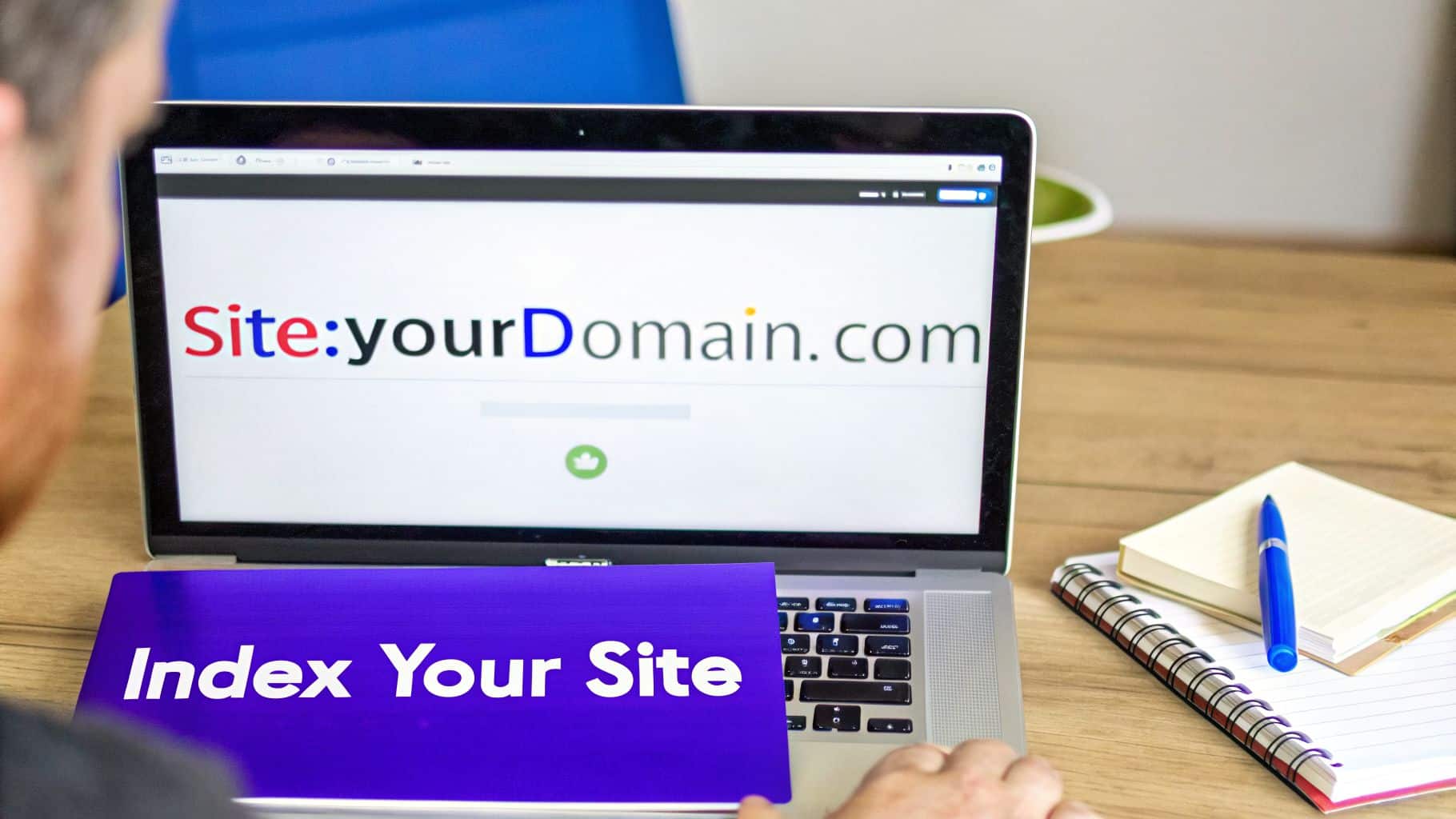 A person looking at a laptop screen showing "Site:yourDomain.com" with a binder titled "Index Your Site".