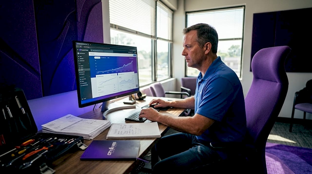 Business owner updates website in corner office