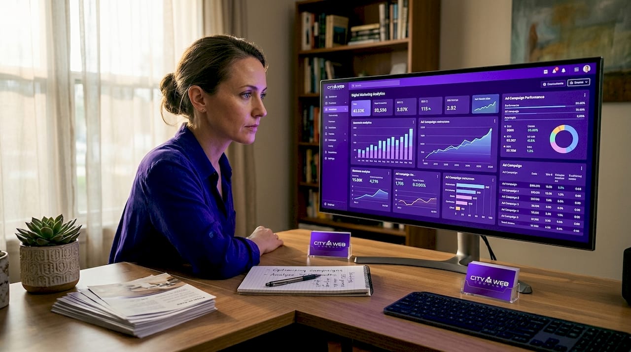 Business owner reviewing online ad results