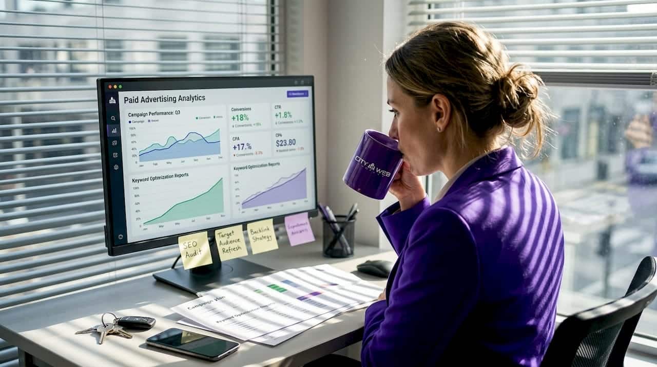 Business owner checking advertising report at desk