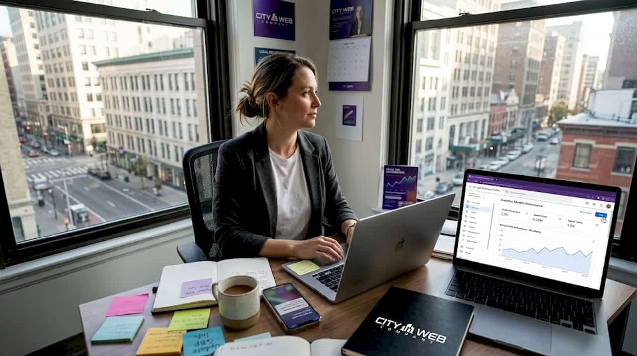 Marketer updating Google profile in city office