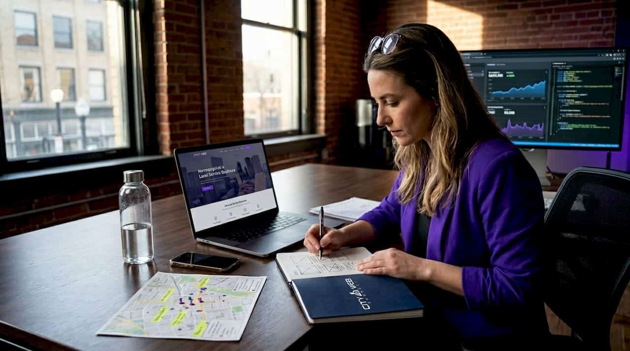 Web designer sketching local service website layout