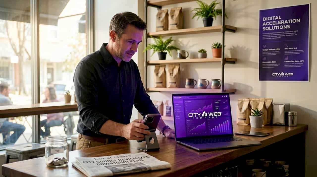 Café owner speaks into smartphone behind counter