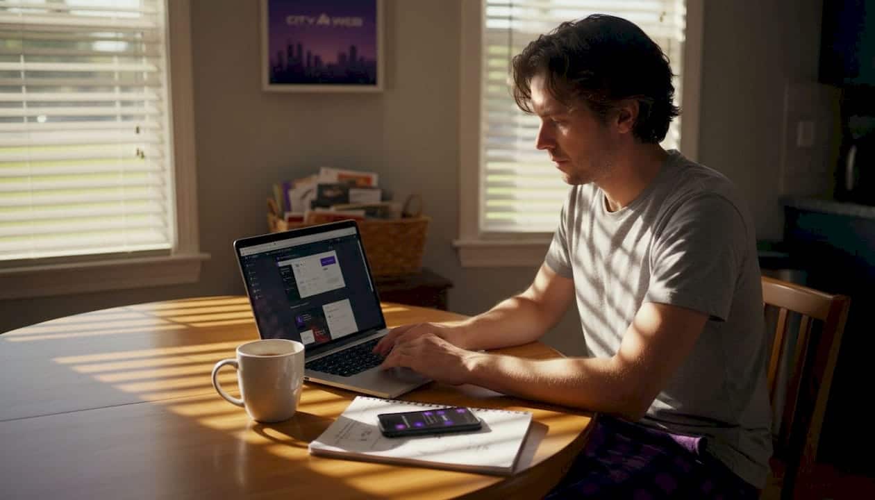 Business owner reviews website design at kitchen table