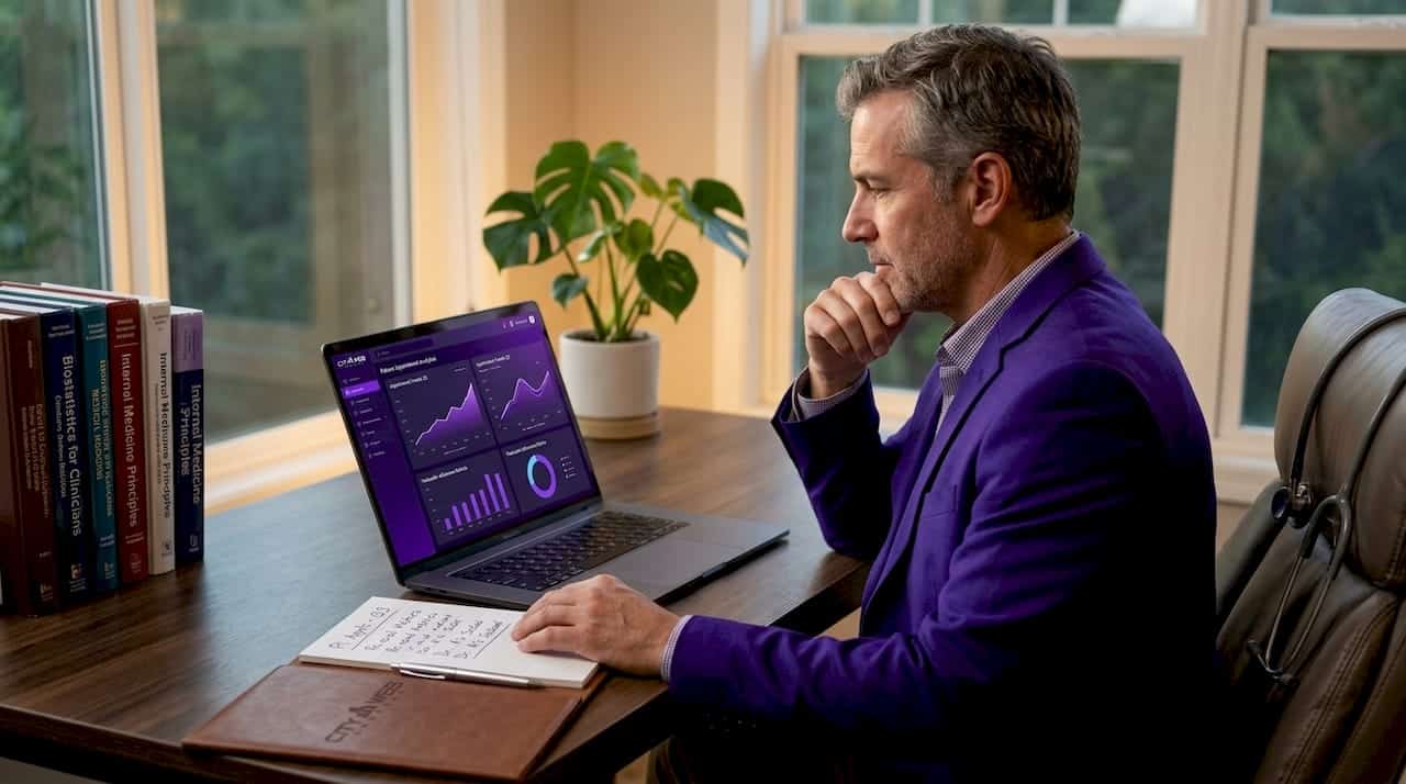 Doctor analyzes website stats at medical office desk