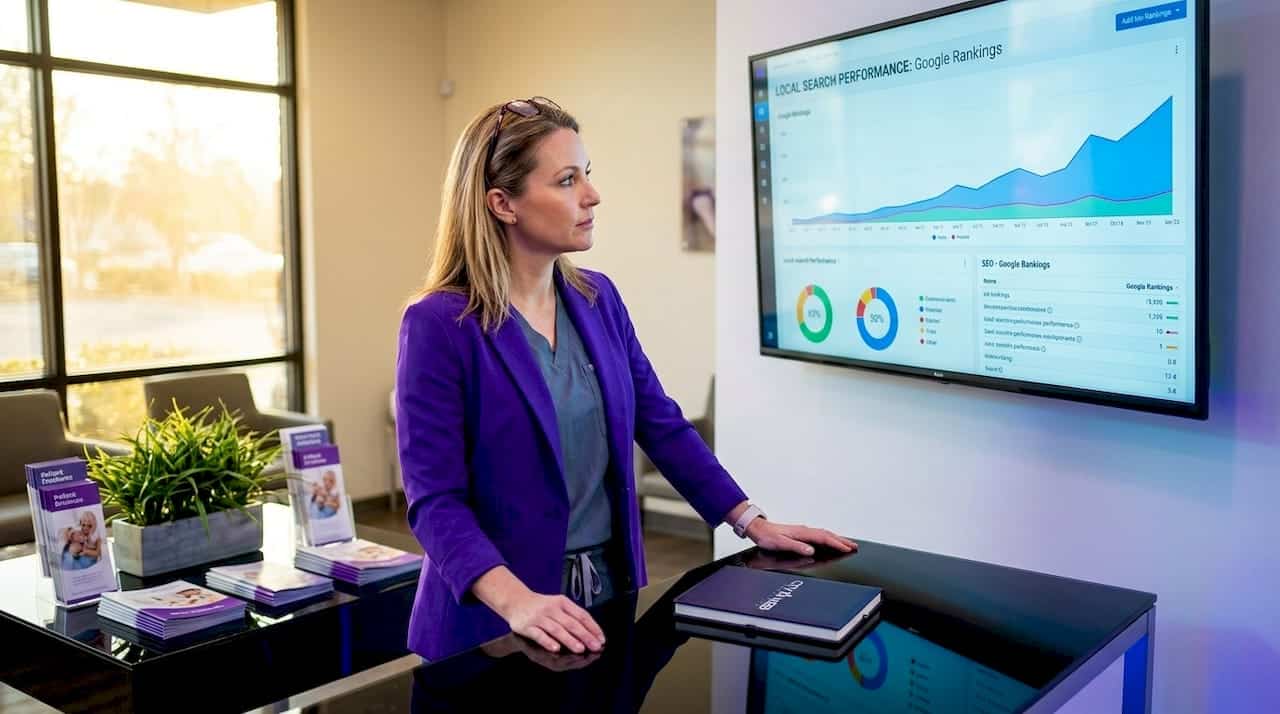 Clinic manager reviewing SEO data at desk