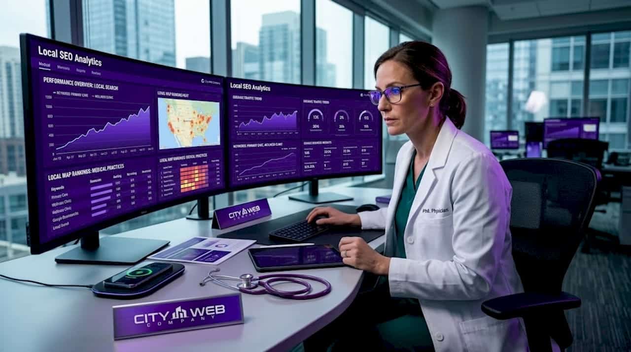 Doctor reviewing website analytics at clinic desk
