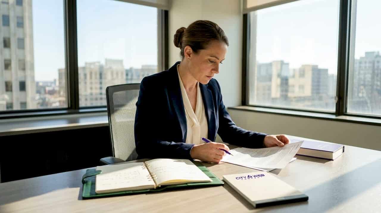 Attorney reviewing printed client reviews