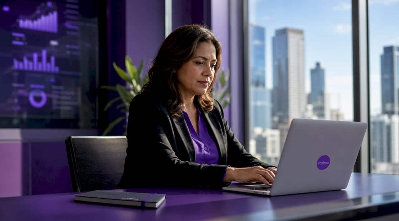 Woman working on laptop in home office