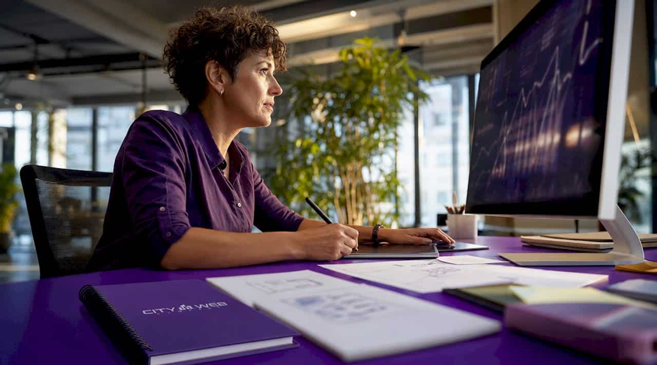 Designer reviewing law firm website on desktop