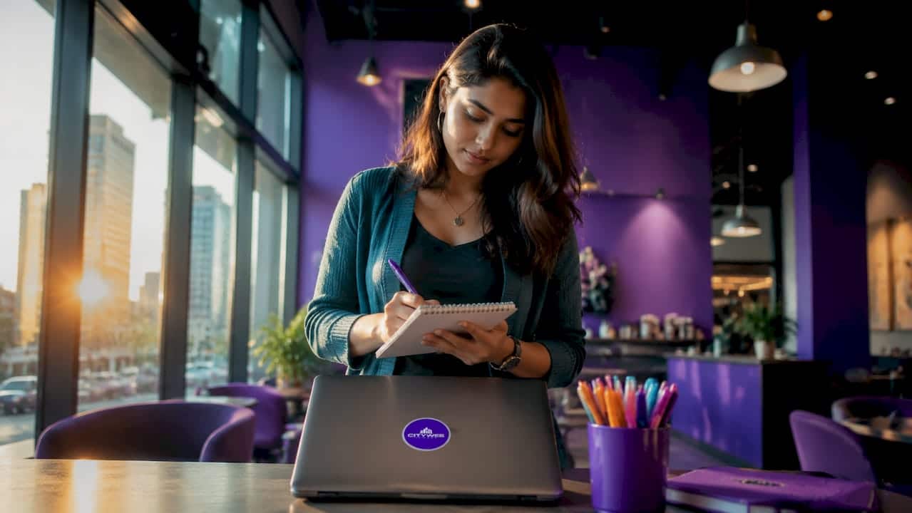 Woman working on paid search advertising at desk