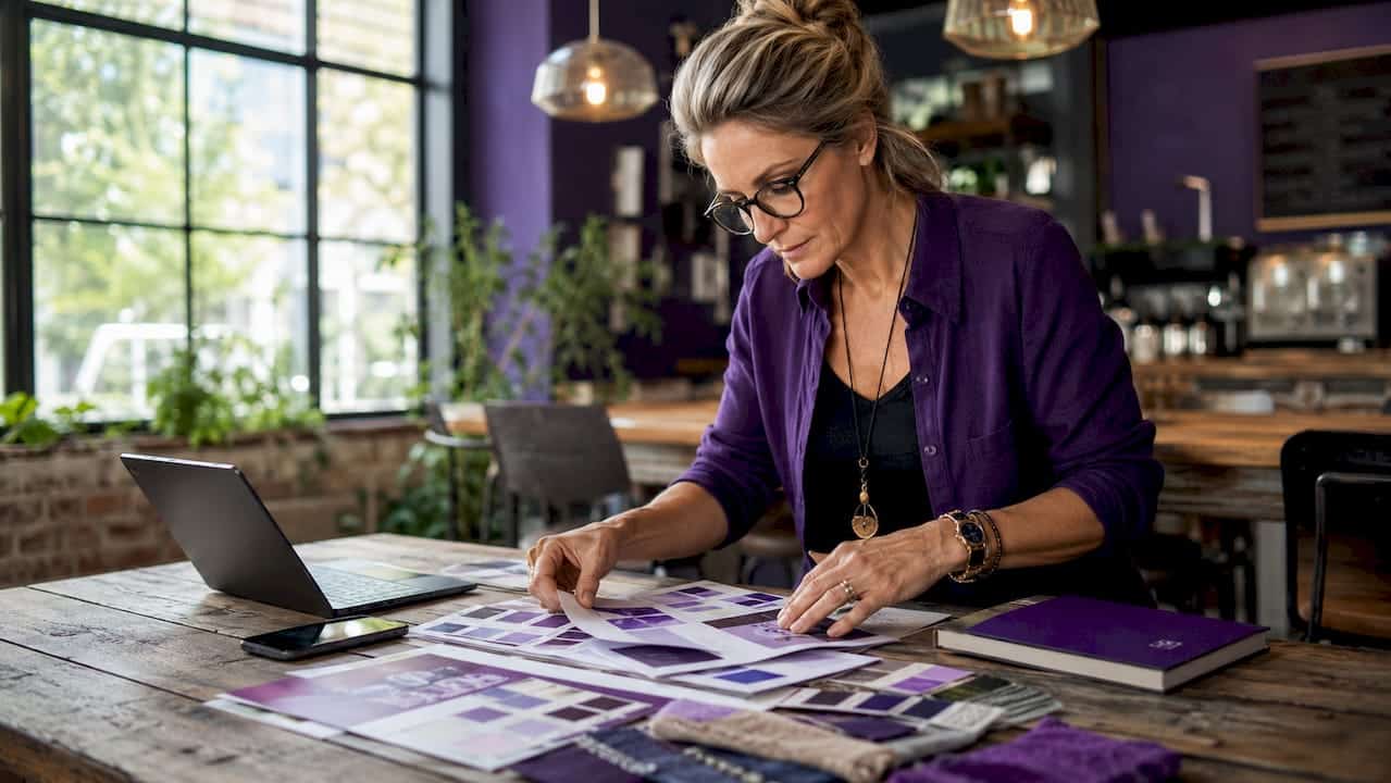Business owner arranging branding materials on desk